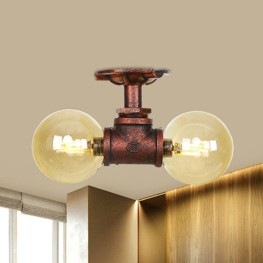 Farmhouse LED Amber Glass Copper Flushmount Light with 2 Heads - Semi Flush Ceiling Fixture