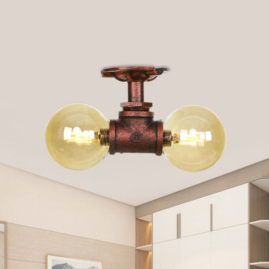 Farmhouse LED Amber Glass Copper Flushmount Light with 2 Heads - Semi Flush Ceiling Fixture