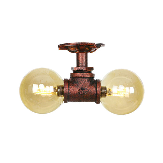 Farmhouse LED Amber Glass Copper Flushmount Light with 2 Heads - Semi Flush Ceiling Fixture