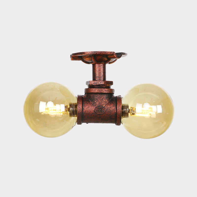 Farmhouse LED Amber Glass Copper Flushmount Light with 2 Heads - Semi Flush Ceiling Fixture