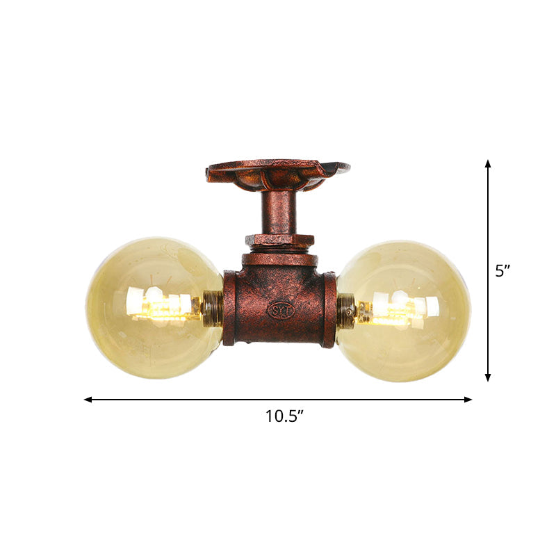 Farmhouse LED Amber Glass Copper Flushmount Light with 2 Heads - Semi Flush Ceiling Fixture