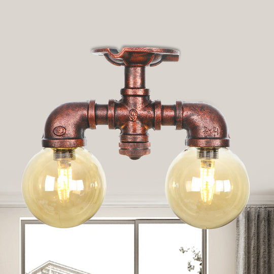 Farmhouse LED Amber Glass Copper Flushmount Light with 2 Heads - Semi Flush Ceiling Fixture