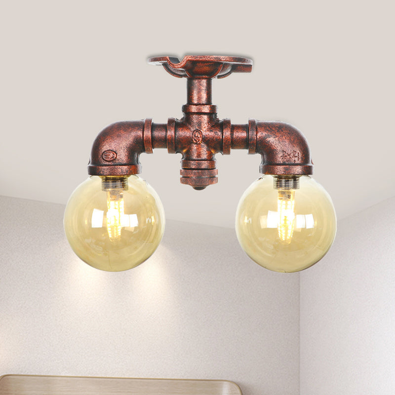 Farmhouse LED Amber Glass Copper Flushmount Light with 2 Heads - Semi Flush Ceiling Fixture