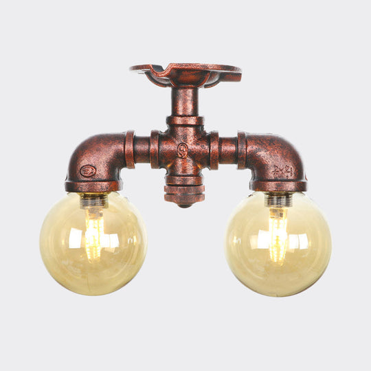 Farmhouse LED Amber Glass Copper Flushmount Light with 2 Heads - Semi Flush Ceiling Fixture