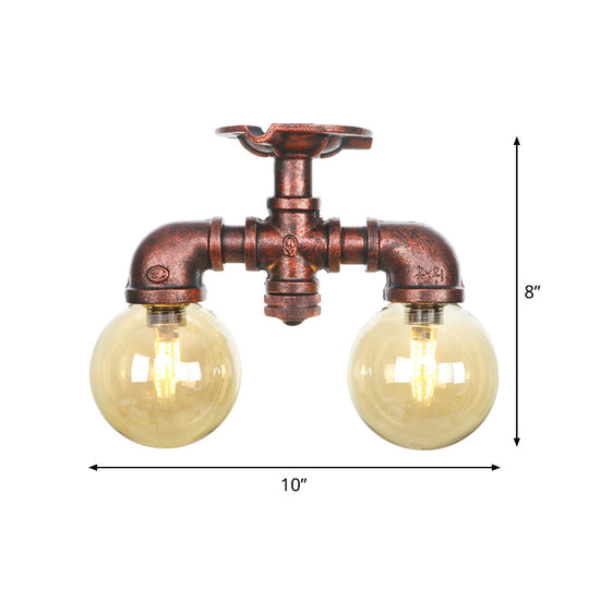 Farmhouse Led Amber Glass Copper Flushmount Light With 2 Heads - Semi Flush Ceiling Fixture