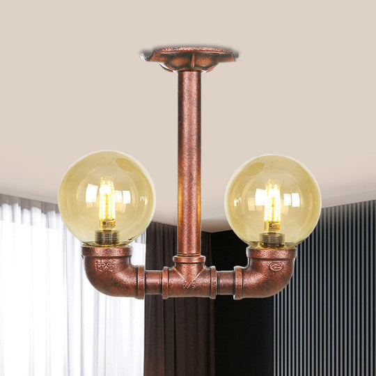 Rustic Amber Glass Semi Flush Light Fixture for Restaurants: Orb Design, 2 Copper Lights