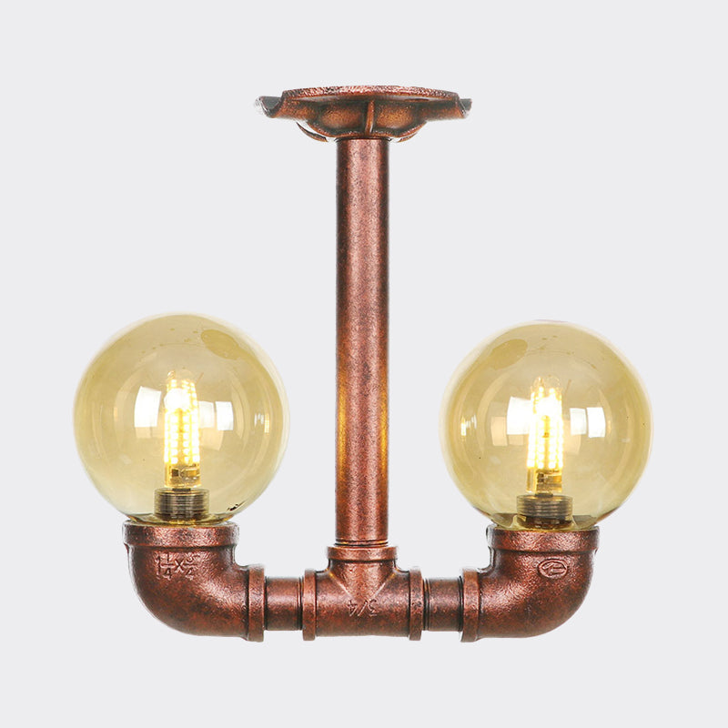 Rustic Amber Glass Semi Flush Light Fixture for Restaurants: Orb Design, 2 Copper Lights