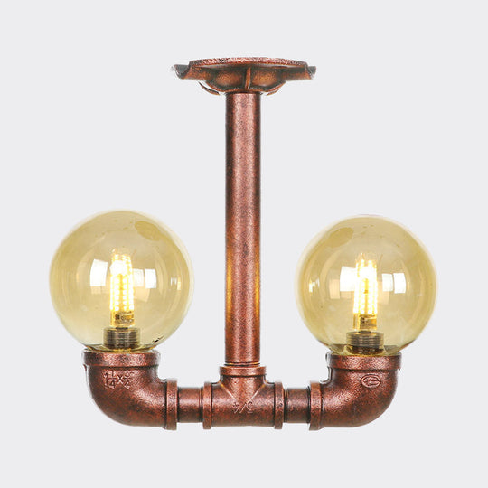 Rustic Amber Glass Semi Flush Light Fixture For Restaurants: Orb Design 2 Copper Lights