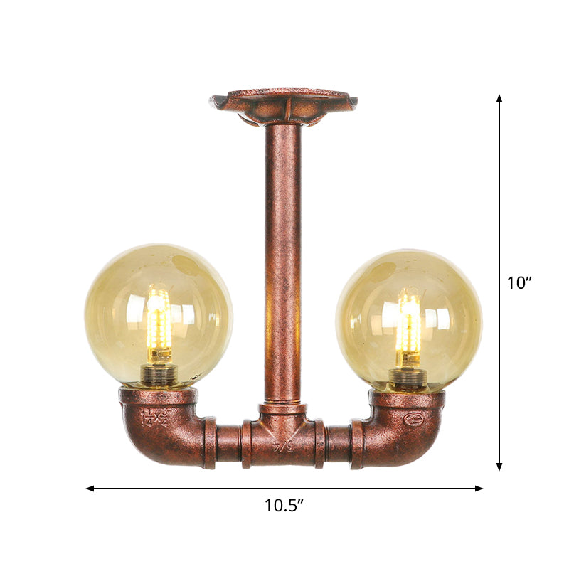 Rustic Amber Glass Semi Flush Light Fixture for Restaurants: Orb Design, 2 Copper Lights