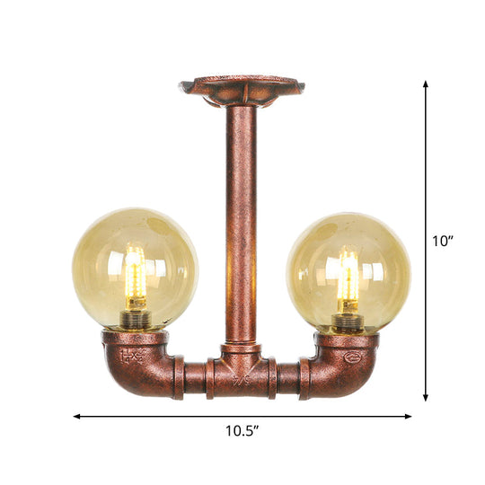 Rustic Amber Glass Semi Flush Light Fixture for Restaurants: Orb Design, 2 Copper Lights