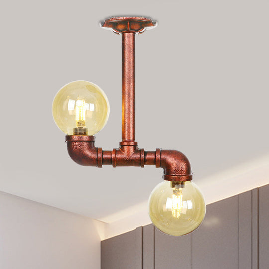 Rustic Amber Glass Semi Flush Light Fixture for Restaurants: Orb Design, 2 Copper Lights