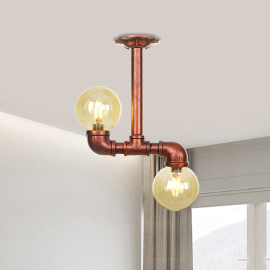 Rustic Amber Glass Semi Flush Light Fixture for Restaurants: Orb Design, 2 Copper Lights