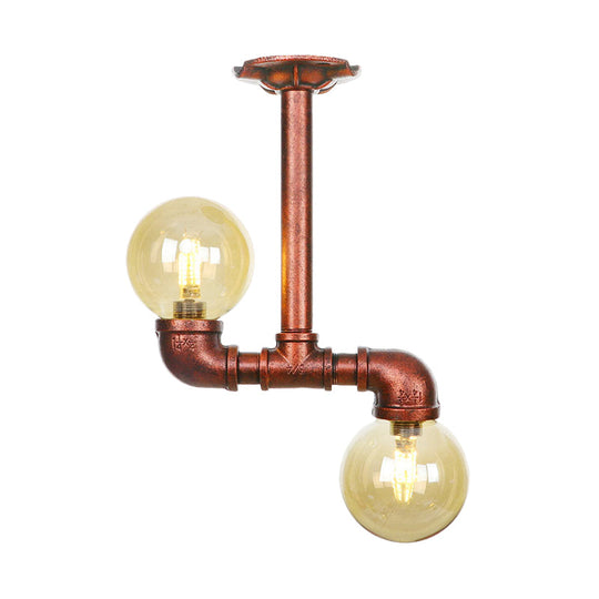 Rustic Amber Glass Semi Flush Light Fixture for Restaurants: Orb Design, 2 Copper Lights