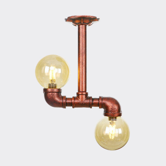 Rustic Amber Glass Semi Flush Light Fixture for Restaurants: Orb Design, 2 Copper Lights