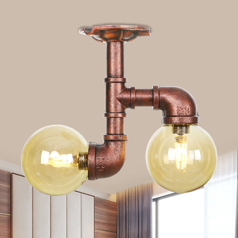 Rustic Amber Glass Semi Flush Light Fixture for Restaurants: Orb Design, 2 Copper Lights