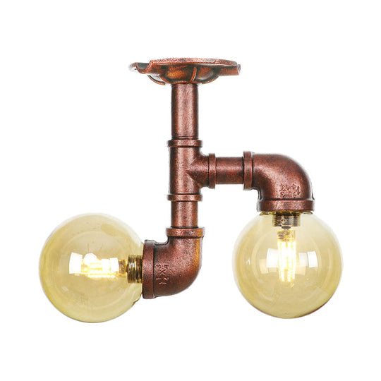 Rustic Amber Glass Semi Flush Light Fixture for Restaurants: Orb Design, 2 Copper Lights