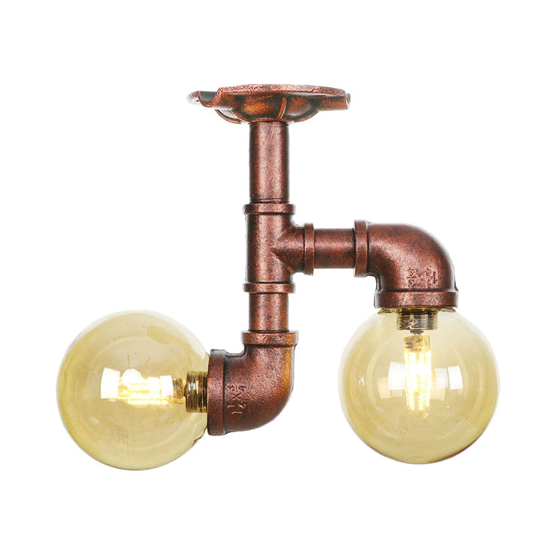 Rustic Amber Glass Semi Flush Light Fixture For Restaurants: Orb Design 2 Copper Lights