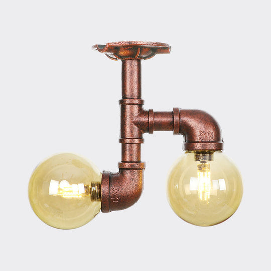 Rustic Amber Glass Semi Flush Light Fixture for Restaurants: Orb Design, 2 Copper Lights