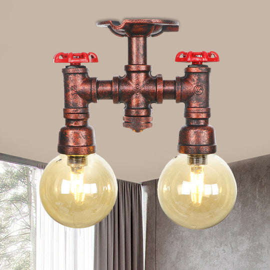 Rustic Amber Glass Semi Flush Light Fixture for Restaurants: Orb Design, 2 Copper Lights