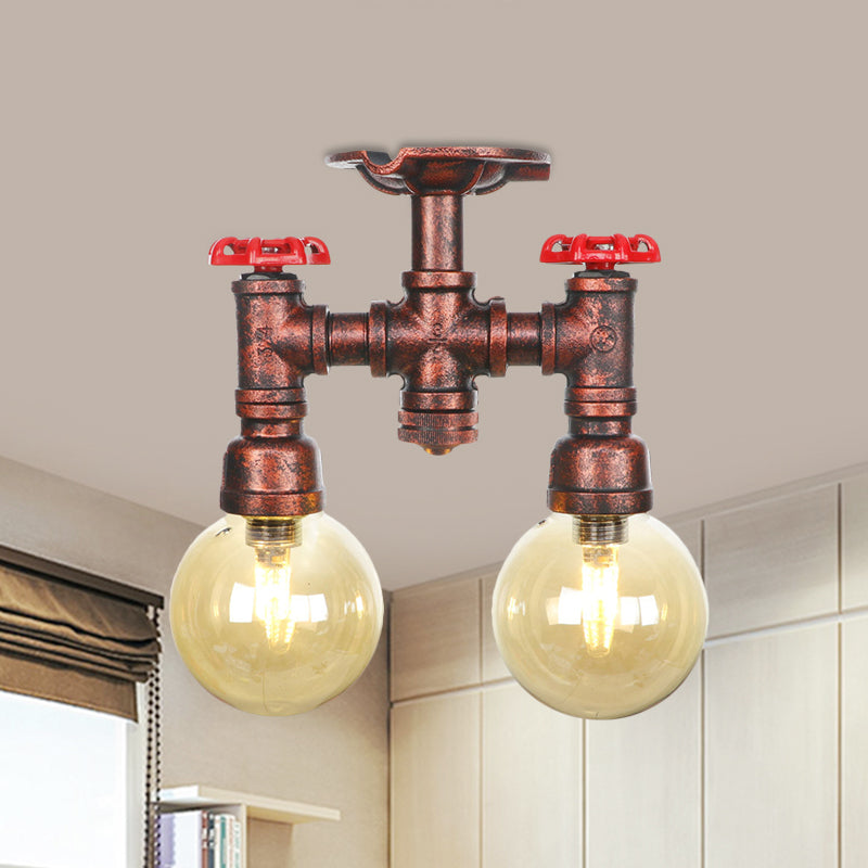 Rustic Amber Glass Semi Flush Light Fixture for Restaurants: Orb Design, 2 Copper Lights