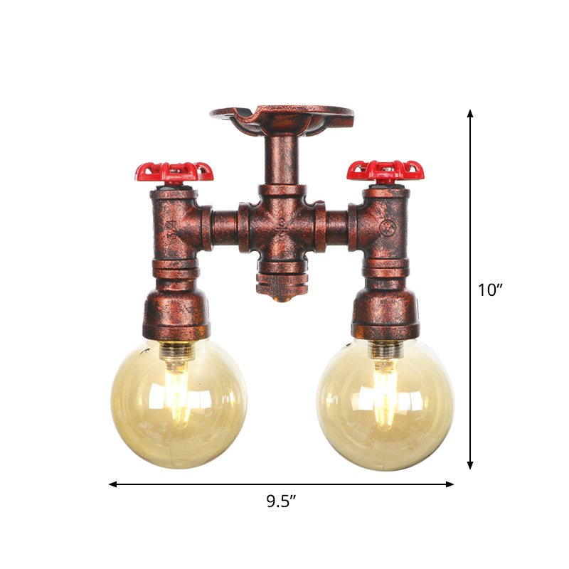 Rustic Amber Glass Semi Flush Light Fixture for Restaurants: Orb Design, 2 Copper Lights