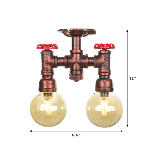 Rustic Amber Glass Semi Flush Light Fixture for Restaurants: Orb Design, 2 Copper Lights