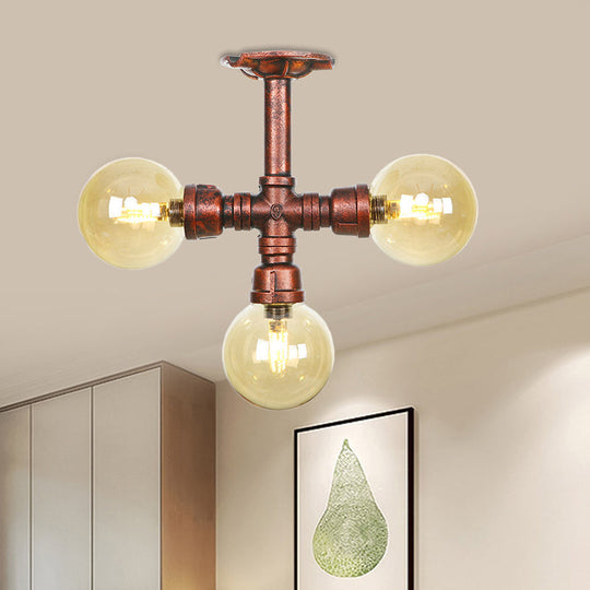 Amber Glass Copper Semi Flush Light Sphere LED Ceiling Fixture - Farmhouse Style