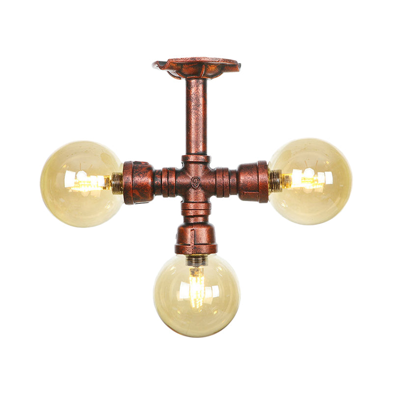 Amber Glass Copper Semi Flush Light Sphere LED Ceiling Fixture - Farmhouse Style