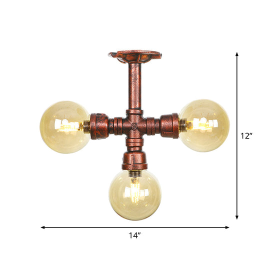 Amber Glass Copper Semi Flush Light Sphere LED Ceiling Fixture - Farmhouse Style