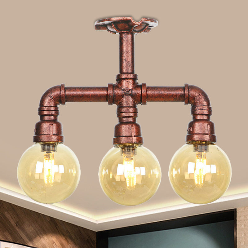 Amber Glass Copper Semi Flush Light Sphere LED Ceiling Fixture - Farmhouse Style