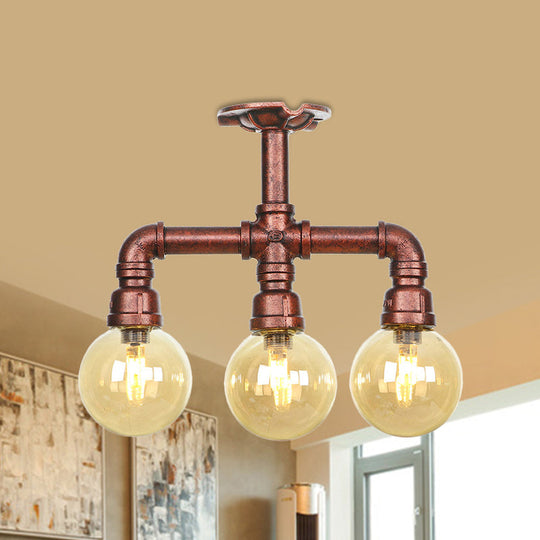 Amber Glass Copper Semi Flush Light Sphere LED Ceiling Fixture - Farmhouse Style