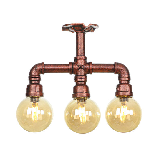 Amber Glass Copper Semi Flush Light Sphere LED Ceiling Fixture - Farmhouse Style