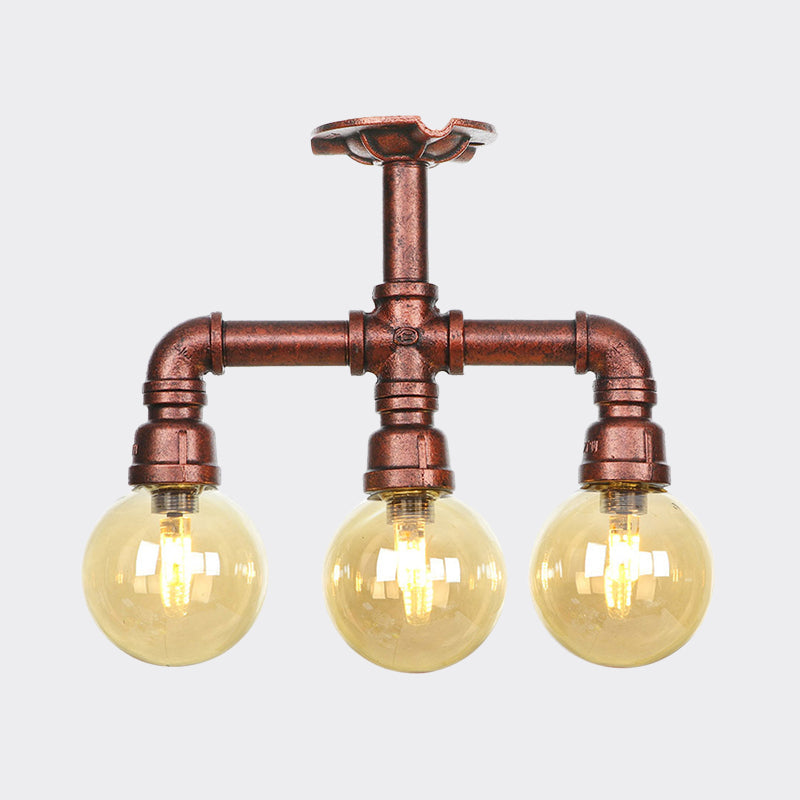 Amber Glass Copper Semi Flush Light Sphere LED Ceiling Fixture - Farmhouse Style