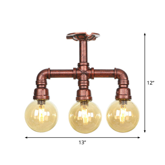 Amber Glass Copper Semi Flush Light Sphere LED Ceiling Fixture - Farmhouse Style