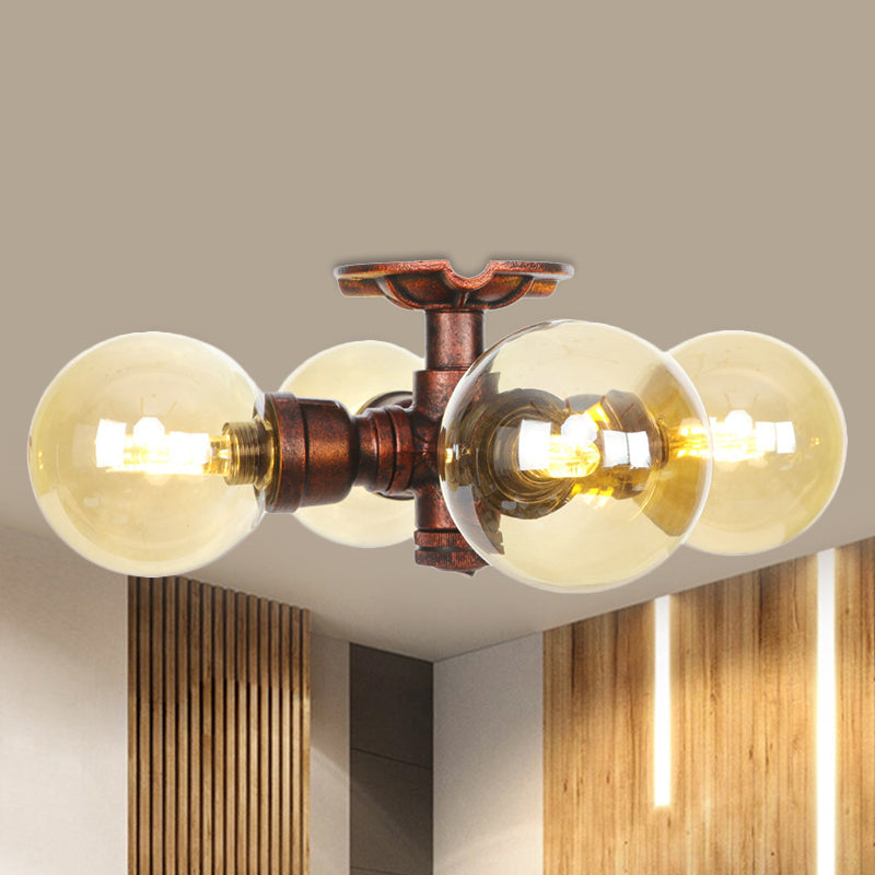 Amber Glass Copper Semi Flush Light Sphere LED Ceiling Fixture - Farmhouse Style