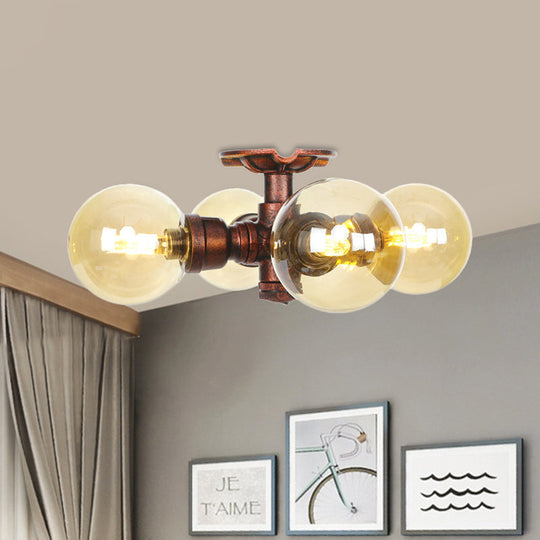 Amber Glass Copper Semi Flush Light Sphere LED Ceiling Fixture - Farmhouse Style