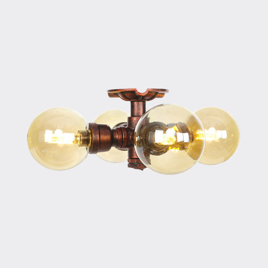 Amber Glass Copper Semi Flush Light Sphere LED Ceiling Fixture - Farmhouse Style