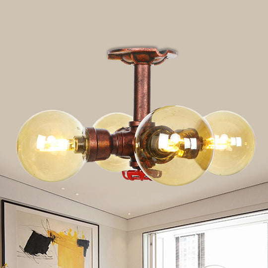 Amber Glass Copper Semi Flush Light Sphere LED Ceiling Fixture - Farmhouse Style