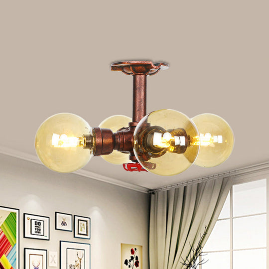 Amber Glass Copper Semi Flush Light Sphere LED Ceiling Fixture - Farmhouse Style