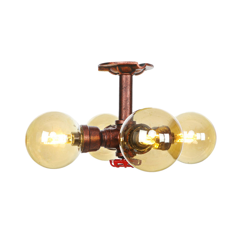 Amber Glass Copper Semi Flush Light Sphere LED Ceiling Fixture - Farmhouse Style