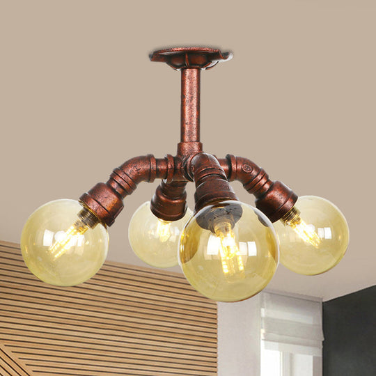 Farmhouse Global Semi Mount Lighting: 4/5/6-Light Amber Glass Led Flush Lamp In Copper / B