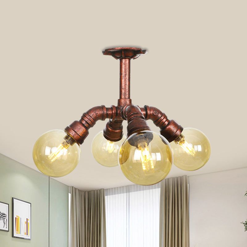 Farmhouse Global Semi Mount Lighting: 4/5/6-Light Amber Glass Led Flush Lamp In Copper