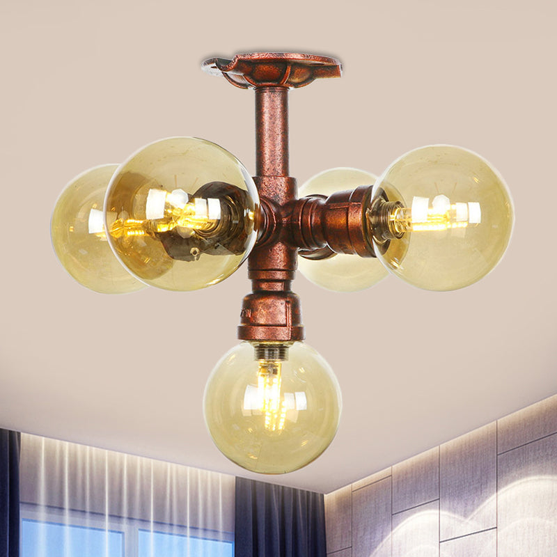 Copper Semi-Mount LED Flush Lamp in Amber Glass - Farmhouse Global Design