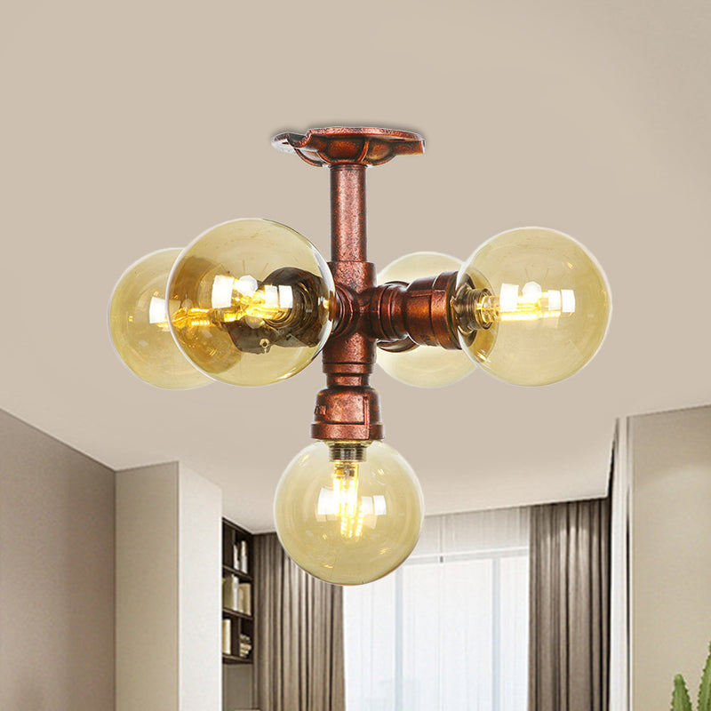 Farmhouse Global Semi Mount Lighting: 4/5/6-Light Amber Glass Led Flush Lamp In Copper