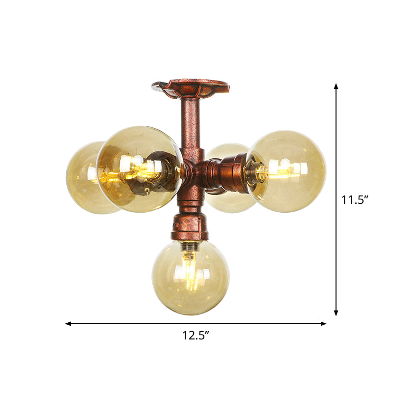 Farmhouse Global Semi Mount Lighting: 4/5/6-Light Amber Glass Led Flush Lamp In Copper