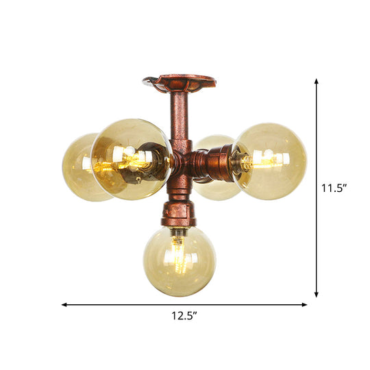 Farmhouse Global Semi Mount Lighting: 4/5/6-Light Amber Glass Led Flush Lamp In Copper