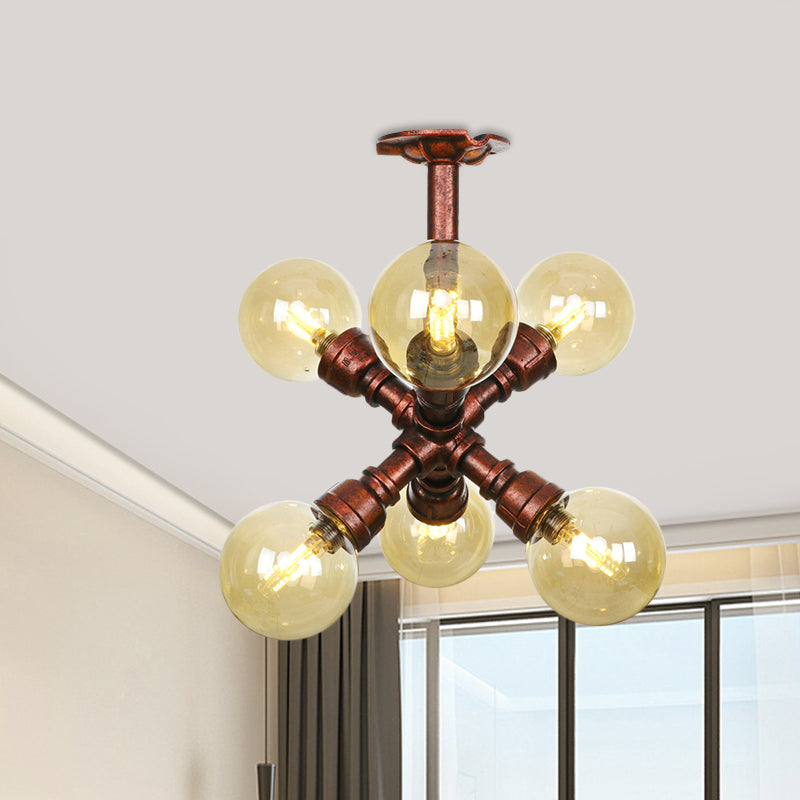 Farmhouse Global Semi Mount Lighting: 4/5/6-Light Amber Glass Led Flush Lamp In Copper