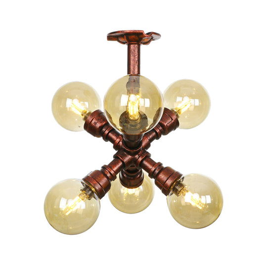 Farmhouse Global Semi Mount Lighting: 4/5/6-Light Amber Glass Led Flush Lamp In Copper