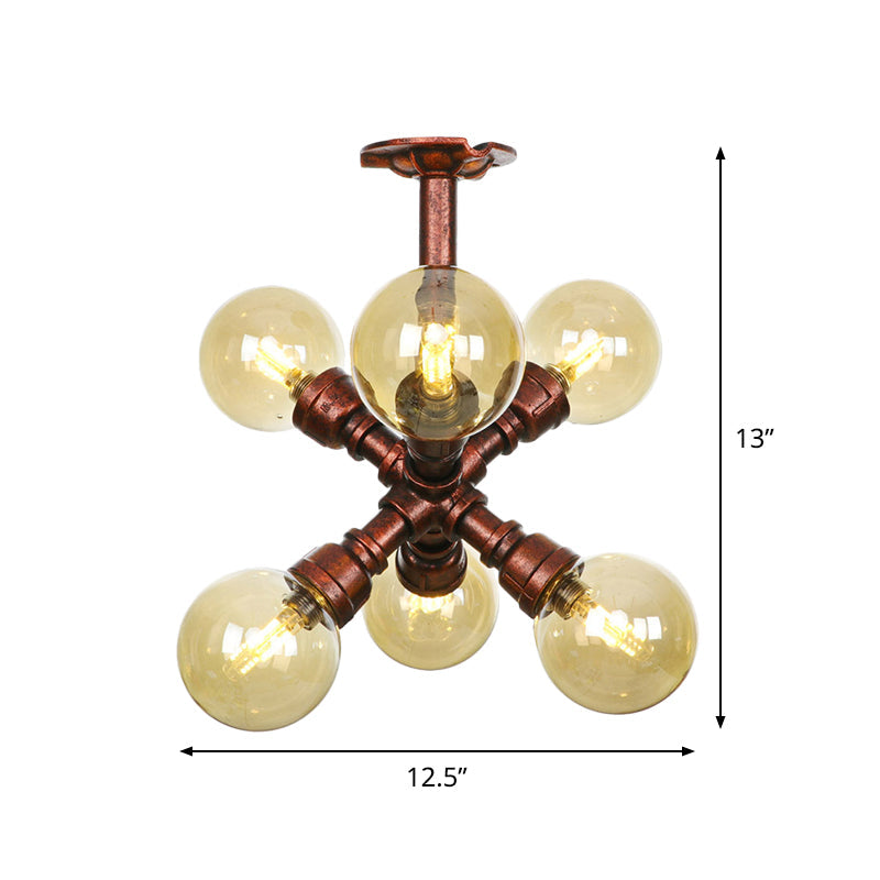 Farmhouse Global Semi Mount Lighting: 4/5/6-Light Amber Glass Led Flush Lamp In Copper