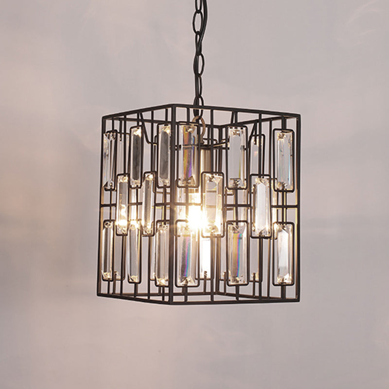 Industrial Brass Iron Pendant Lamp with Crystals - Wire Cage Design - Ceiling Light